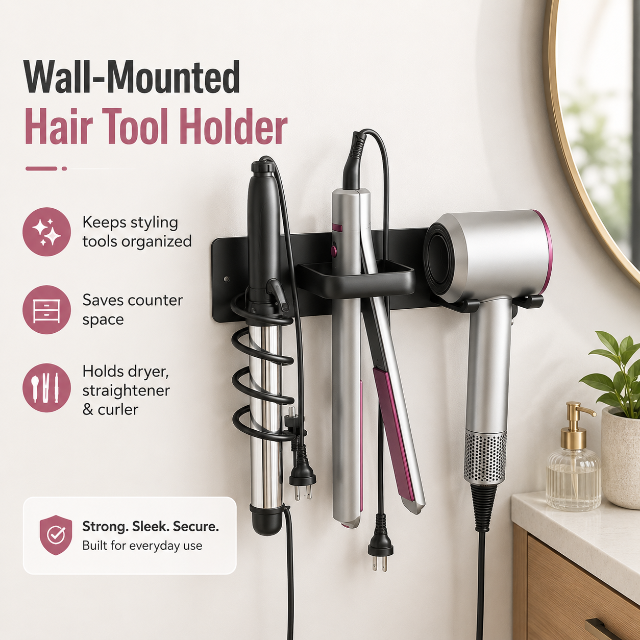 1pc wall-mounted aluminum hairdryer holder, adhesive curling iron holder, hairdressing tool organizer