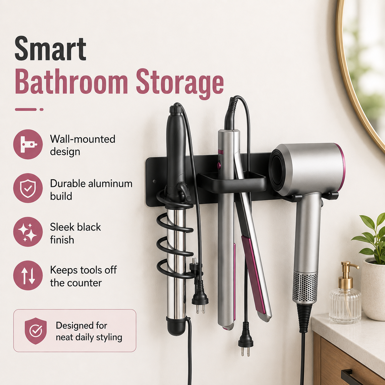 1pc wall-mounted aluminum hairdryer holder, adhesive curling iron holder, hairdressing tool organizer