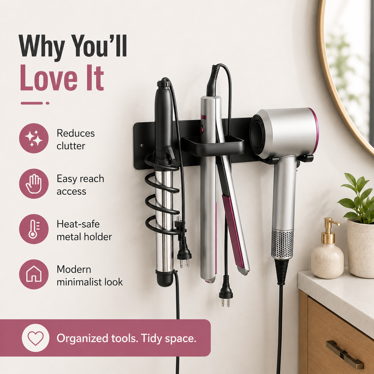 1pc wall-mounted aluminum hairdryer holder, adhesive curling iron holder, hairdressing tool organizer