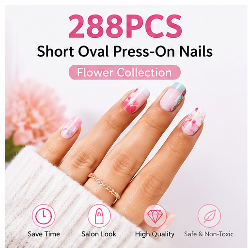 288pcs Full Coverage Short Oval
Nail Flower Simple Style Press-On Nails