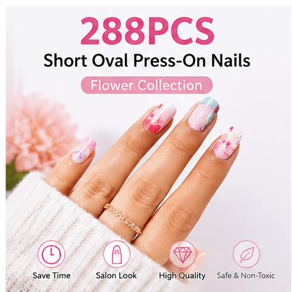 288pcs Full Coverage Short Oval
Nail Flower Simple Style Press-On Nails
