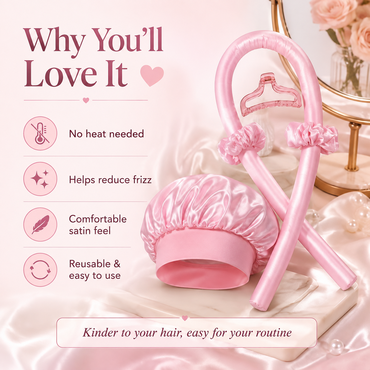 5pcs Women's No-Heat Curling
Wand and Satin Sleep Cap Set