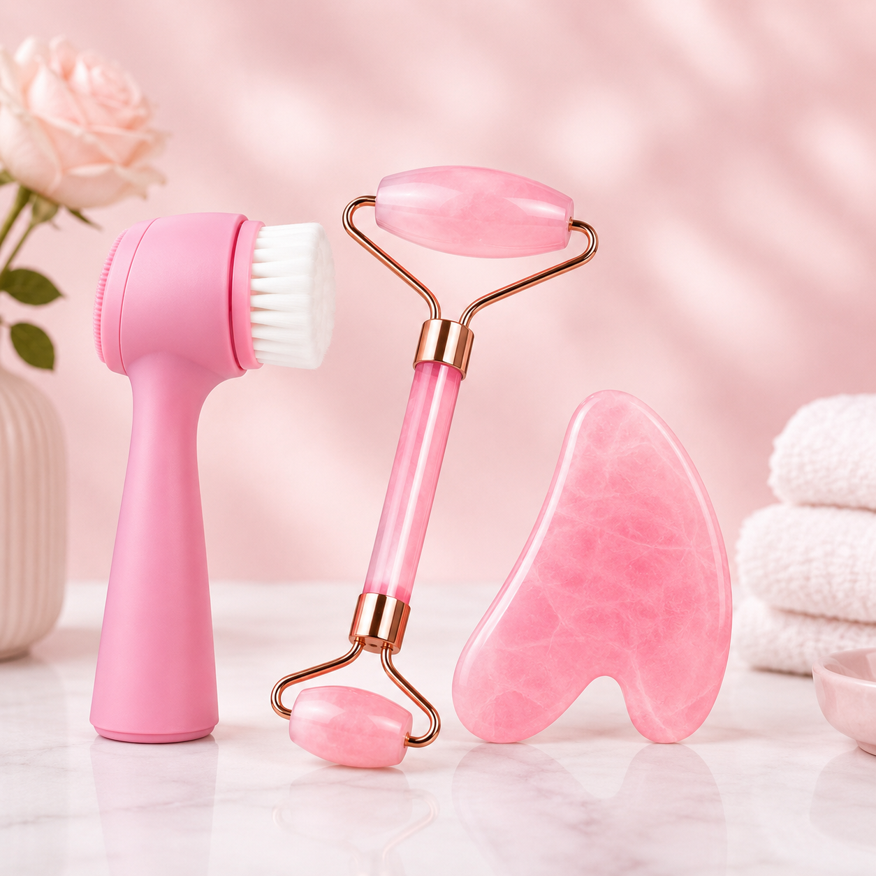 3pcs Set of Roller and Gua Sha Plate and Facial Cleansing Massage Brush