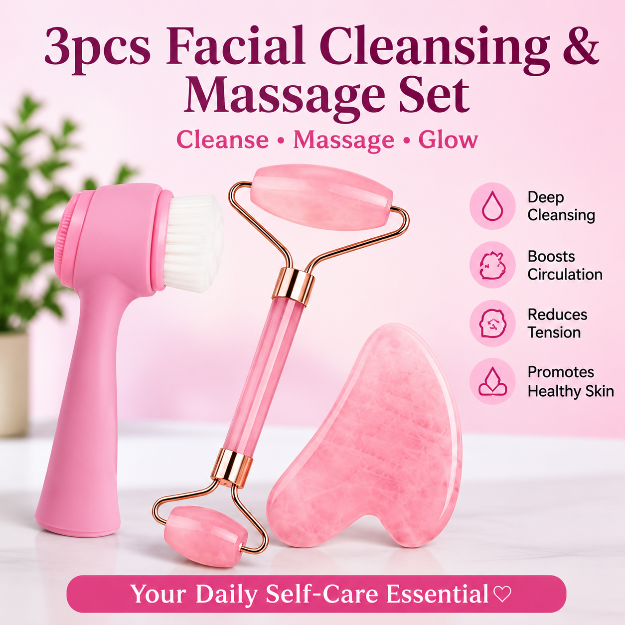 3pcs Set of Roller and Gua Sha Plate and Facial Cleansing Massage Brush