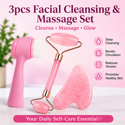 3pcs Set of Roller and Gua Sha Plate and Facial Cleansing Massage Brush