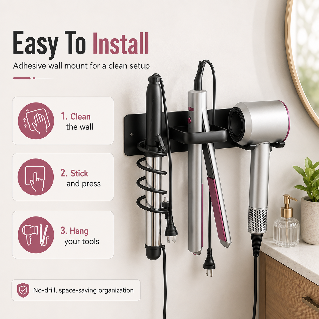 1pc wall-mounted aluminum hairdryer holder, adhesive curling iron holder, hairdressing tool organizer