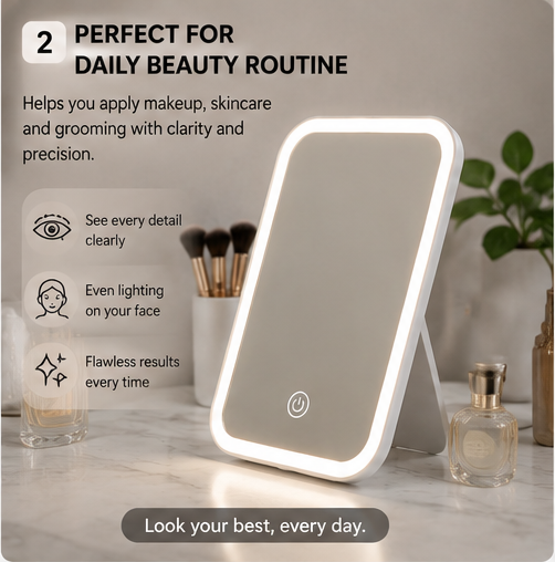 New Upgraded Portable Travel Mirror, Folding Mirror with Light, 3 Lighting Modes